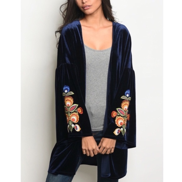 Blue Velvet Embroidered Kimono Cardigan - Picture 2 of 4